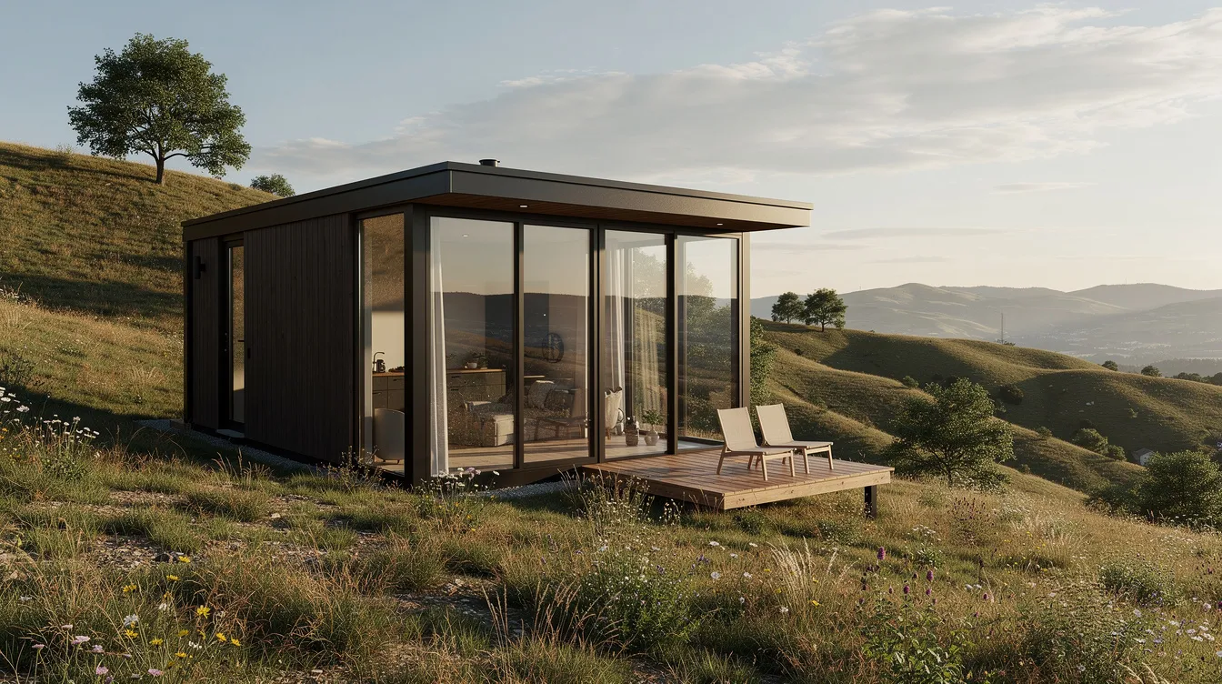 E071602b1df6497fb5b98613d6d73d2a The image features a modern tiny house with panoramic windows elegantly situated on a scenic hillside showcasing quality craftsmanship and a rust proof composite structure This energy efficient tiny home embodies smart living with its full size kitchen and functional design perfect for those seeking sustainable and affordable housing solutions