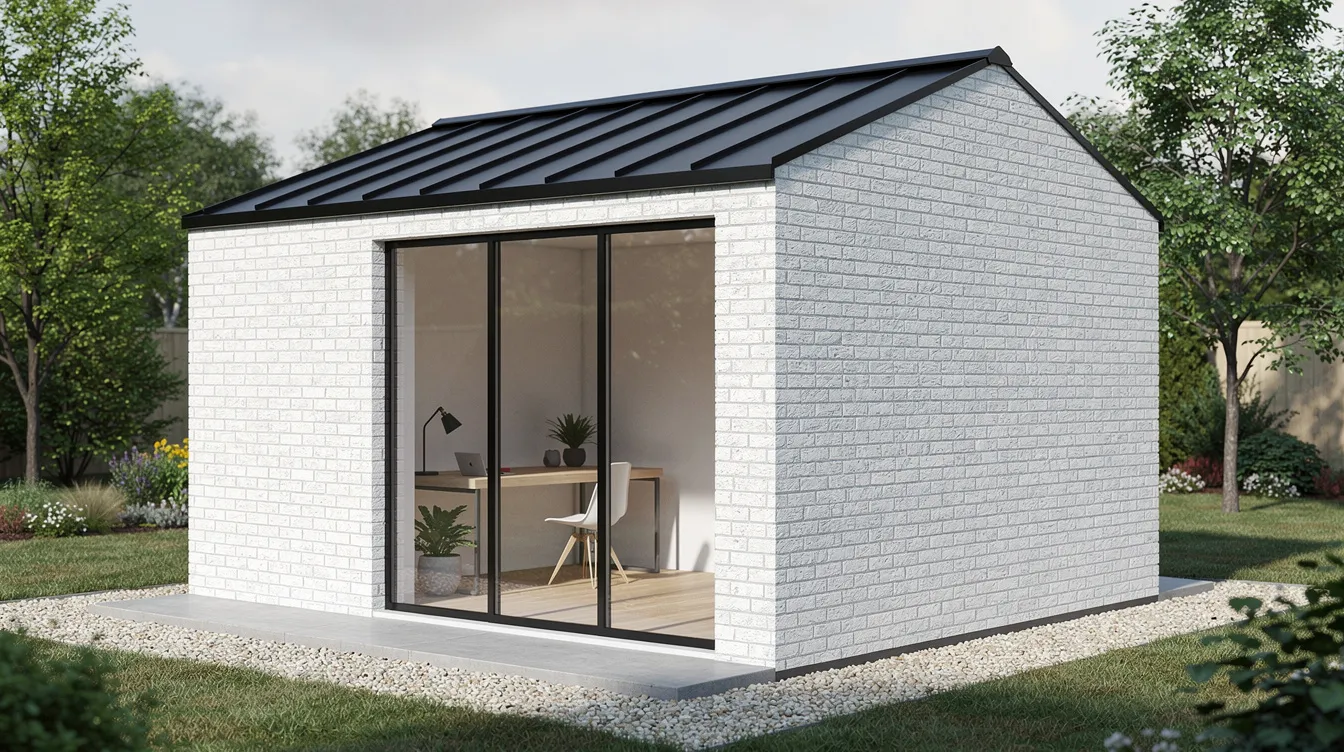 E4e45d8b96084b2893109b9546eb34ea The image features a charming whitewashed brick tiny house approximately 260 sq ft topped with a sleek black metal roof One wall consists entirely of floor to ceiling glass inviting ample natural light into the cozy interior which includes a compact dining area and a warm inviting atmosphere