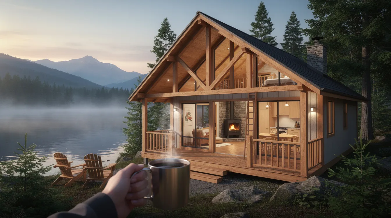 E516e1f10400497c958e5a8508fd0d60 The image depicts a charming tiny timber frame cabin nestled in nature featuring a covered porch perfect for enjoying morning coffee With large windows that invite natural light and an interior showcasing exposed beams this small timber frame home offers a cozy retreat complete with essential amenities like a compact kitchen and a sleeping loft