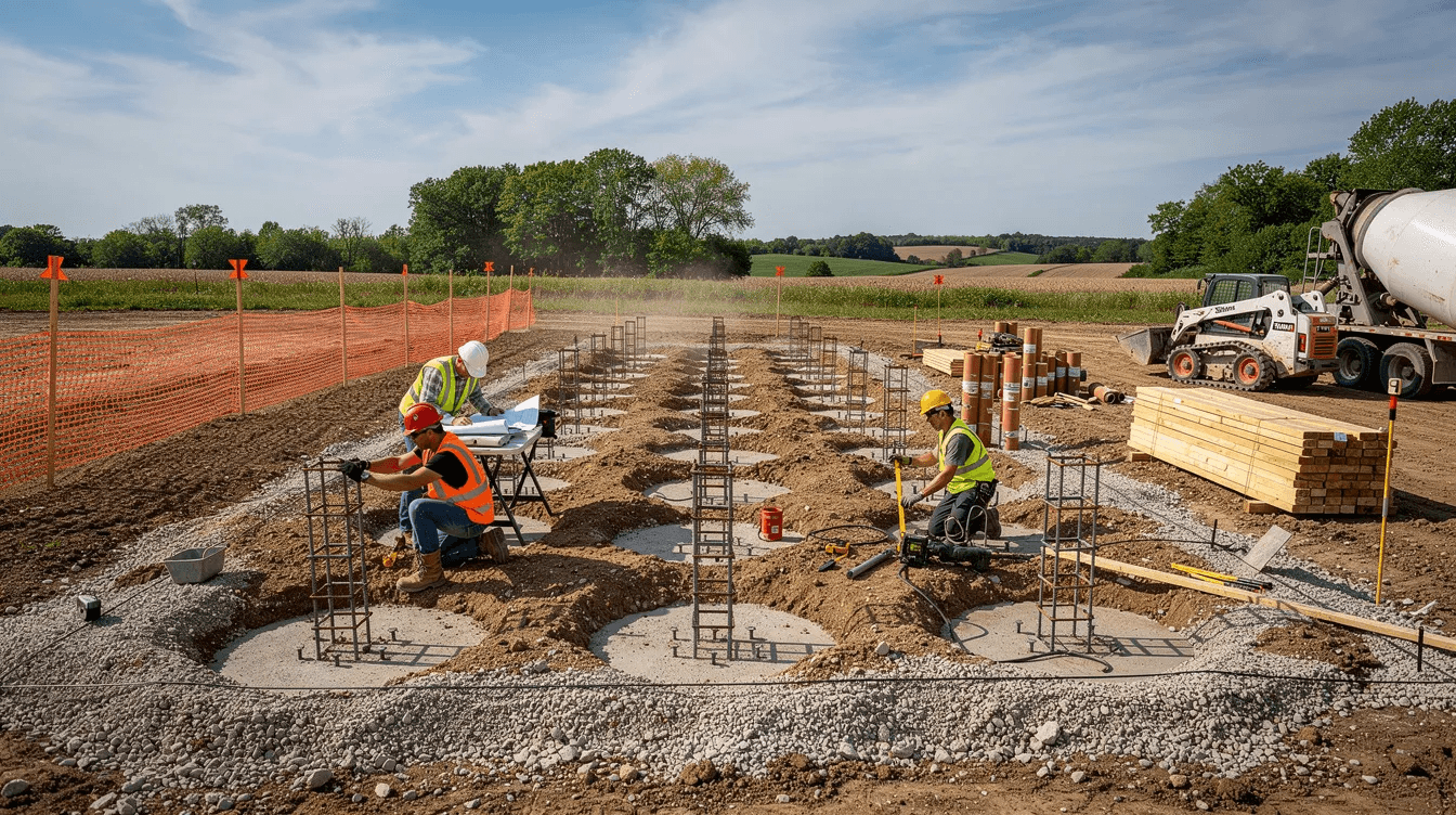 A construction crew is actively preparing a concrete pier foundation on a cleared rural property setting the stage for potential modular cabins or Amish built cabins The site is ready for new construction showcasing the craftsmanship and quality that will define the future homes