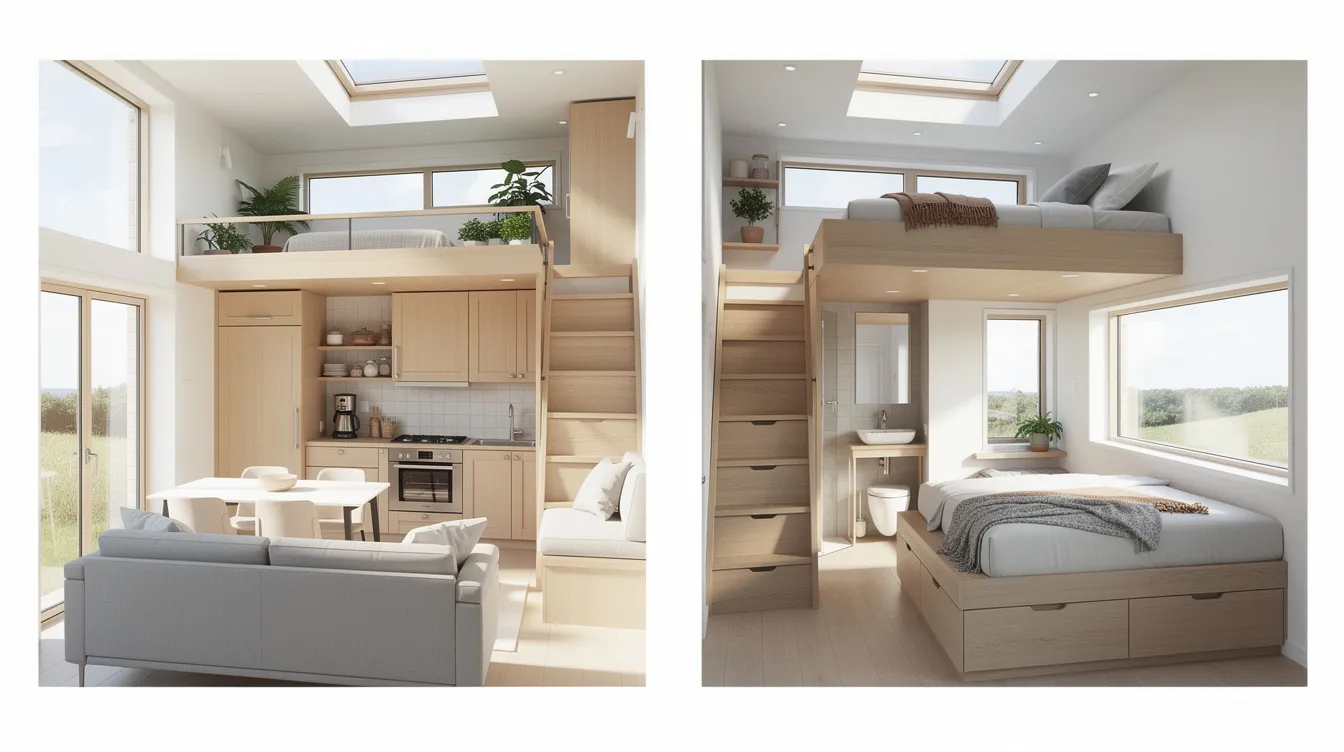 E65f84dd14dd4debaeb161245ab356b9 The image showcases a bright and functional tiny house interior featuring an open plan living kitchen area illuminated by large windows a cozy sofa facing the view and a compact galley kitchen with efficient storage A loft with a skylight above the bed is positioned at the darker end while the bathroom equipped with a composting toilet and a small shower is designed for optimal space utilization