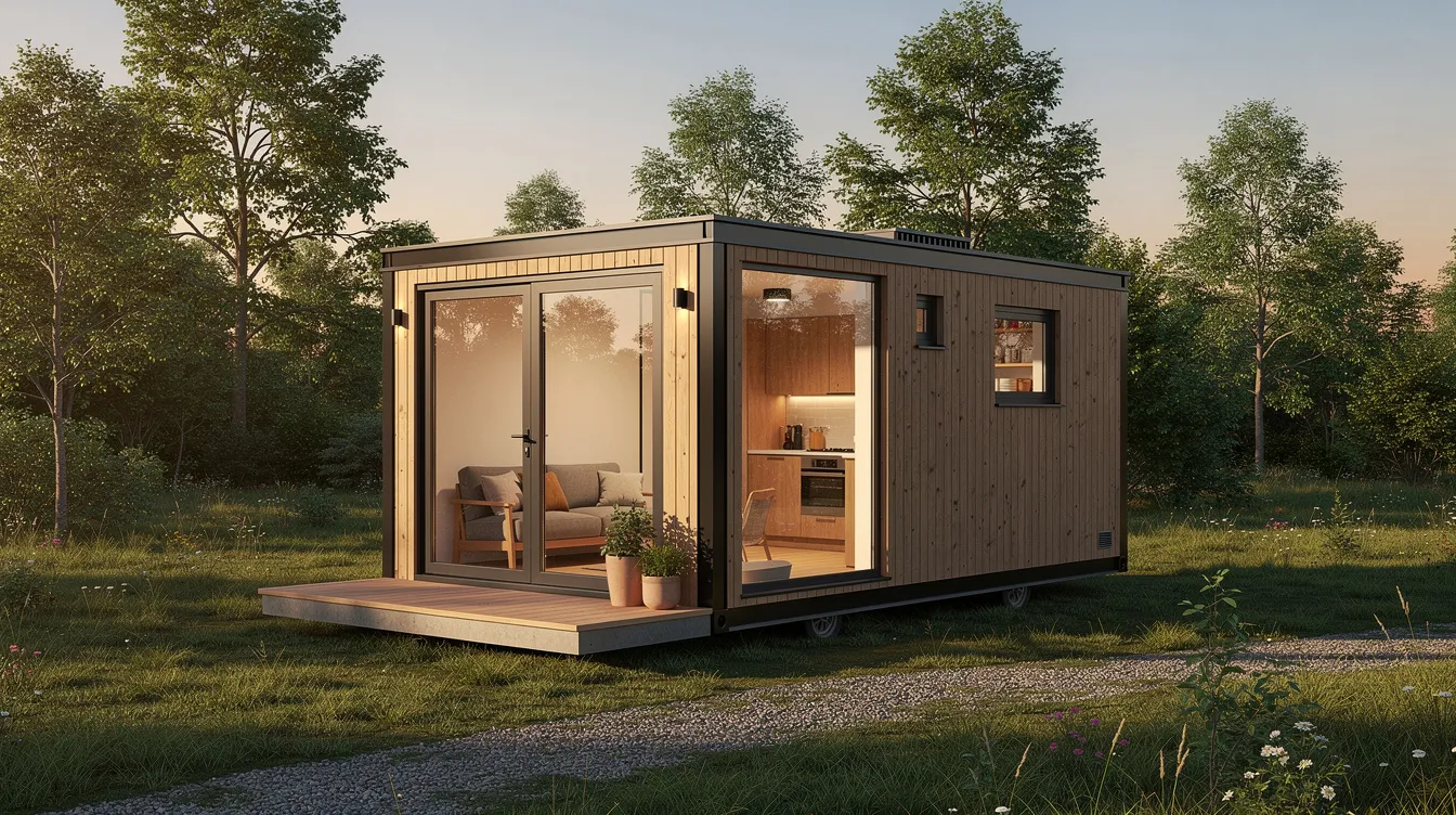 E66dfcd500ca4dcba5c205e7ae11f410 The image depicts a charming tiny house nestled within a historic botanical garden in Philadelphia's Germantown, surrounded by lush trees and a peaceful environment. This tiny house of happiness embodies sustainable living, offering a cozy space for guests to enjoy meaningful lives and connect with nature.