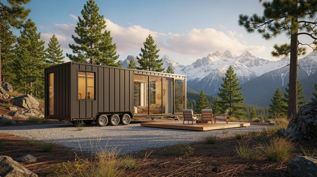 E6cfff0fb8b1484ba43dd70e6b1b9a37 A modern tiny home with sleek steel cladding is nestled on a picturesque mountain property surrounded by tall pine trees creating a cozy retreat that embodies a functional and energy efficient lifestyle This beautiful haven on wheels offers a perfect blend of comfort and freedom inviting exploration of nature's beauty.