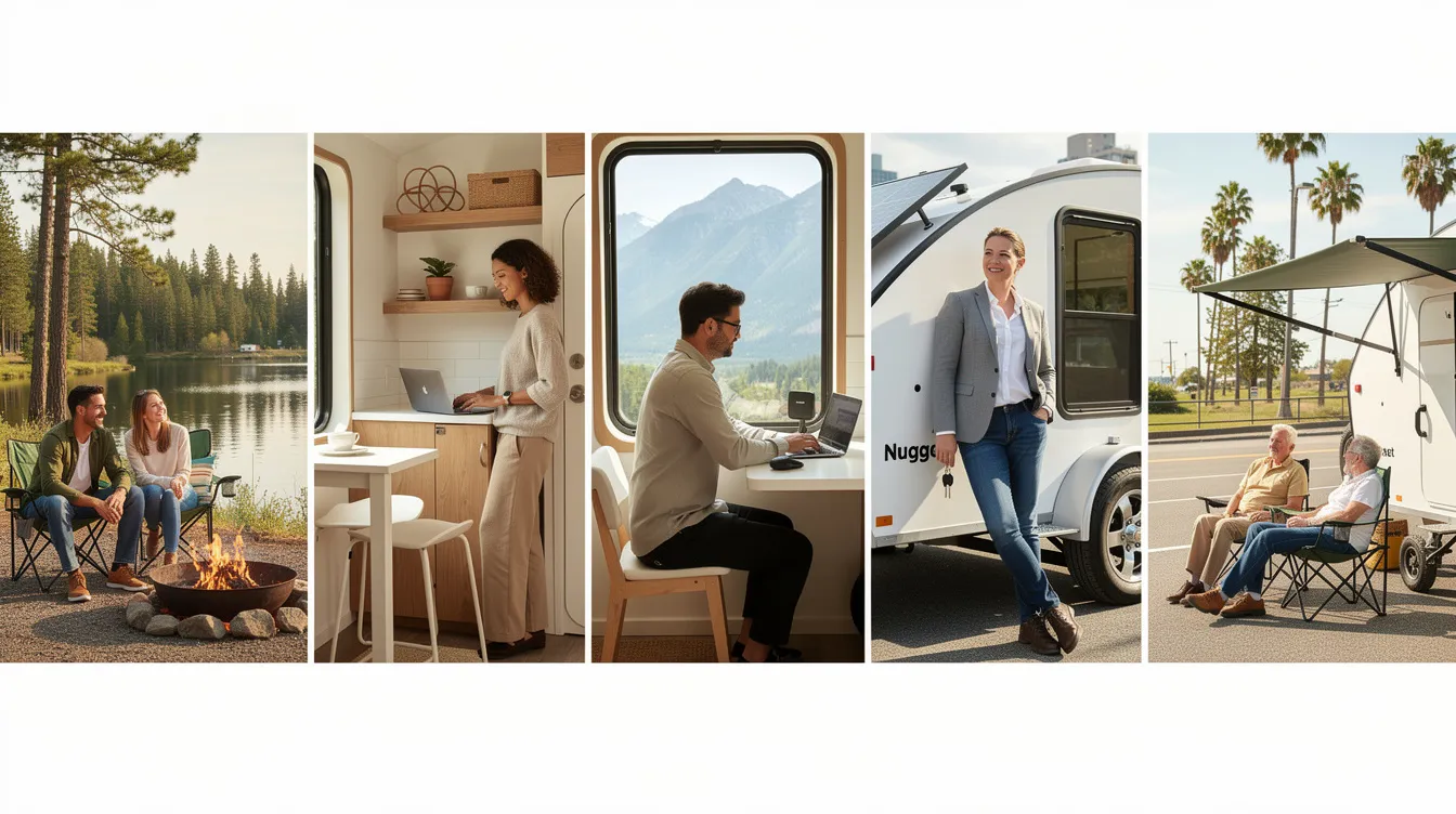 E7469654276b4b678d34e8ef7f52fc26 The image showcases the Nugget tiny house a modern tiny living solution perfect for weekend getaway enthusiasts and digital nomads Featuring a compact design with a lounge area sleeping loft and efficient kitchen amenities this micro house emphasizes simplicity and mobility making it ideal for those embracing intentional living