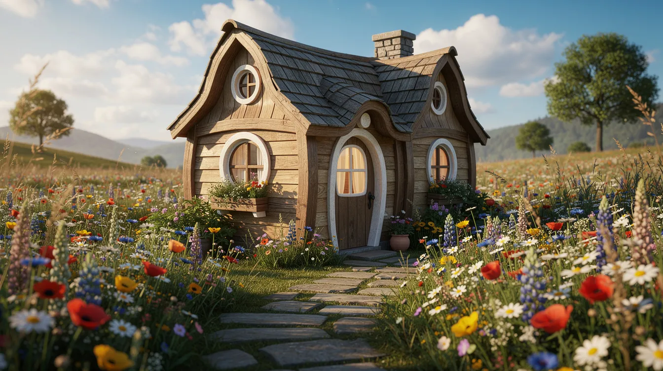 E822d0b83f604cd5b643ebf55a8c86a5 The image depicts a whimsical tiny house featuring a charming cottage with curved roof edges and round windows surrounded by vibrant wildflower gardens This adorable guest cottage is nestled in a serene outdoor space perfect for exploring nature and enjoying a peaceful retreat