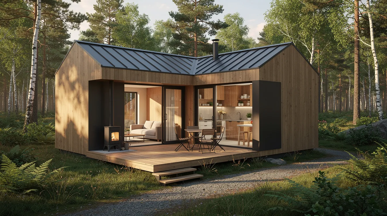 E8dce8bd65ba404a973ae69dc1edb537 The image depicts a modern l shaped tiny house featuring an efficient layout that creates distinct zones for living dining and sleeping areas Large windows allow natural light to fill the surprisingly spacious interior showcasing thoughtful interior design and functional architectural elements