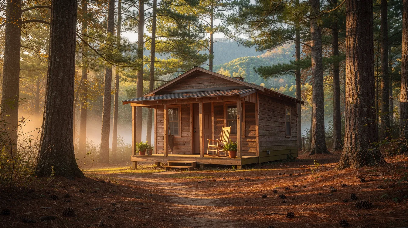 E9eb2847da1f468ca71b7df656d75453 A charming tiny home wooden cabin with a welcoming front porch is surrounded by tall pine trees in a tranquil Tennessee forest setting perfect for a vacation property or a peaceful retreat This attractive park model home offers a cozy escape into nature embodying the essence of tiny home living