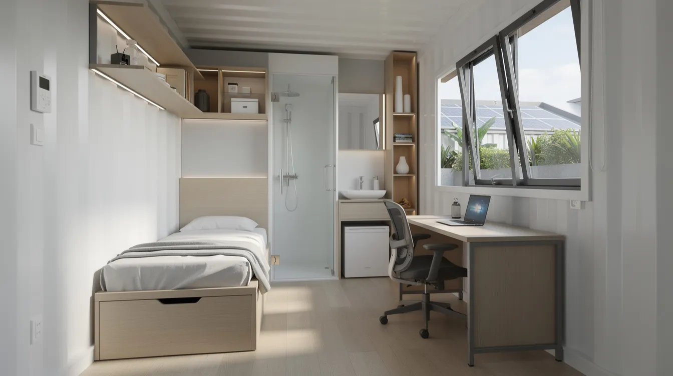 Eedc3887d97544f5a3b38afc91418c51 The image showcases a compact urban micro studio designed as a container based unit that includes a bedroom bathroom and workspace all within a minimal footprint This modern tiny house project emphasizes sustainability and a minimalist lifestyle making it an innovative solution for city living in Brazil