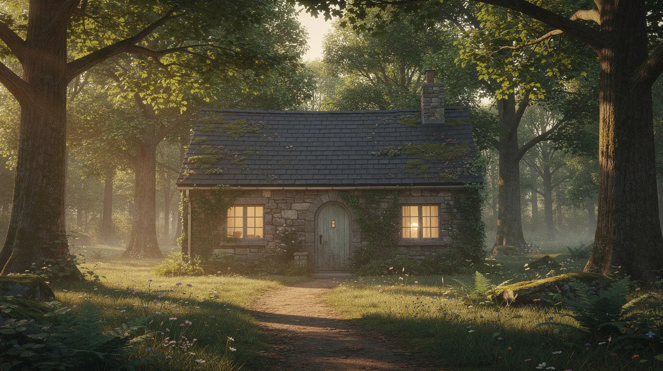 F0c3bd55a6f948f587d1a7051f01e190 The image depicts a charming fairytale cottage made of stone featuring a steep shingled roof and an arched wooden door nestled cozily in a forest clearing This tiny house exudes a magical atmosphere surrounded by lush greenery inviting you to imagine a cozy living space inside