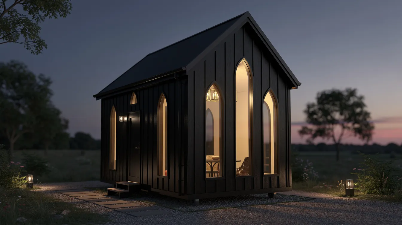 F14506acb4fb40f1b4ec9ebf6c4c4fc5 A cozy 280 square foot black clad tiny home features elegant arched lancet windows with warm lantern light glowing from inside creating an inviting atmosphere at dusk This tiny house exemplifies modern design while providing a perfect space for inspiration and comfort