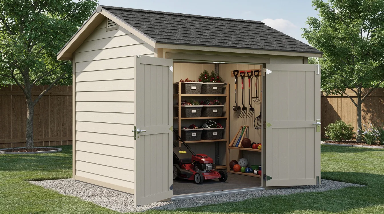 F18014ad5a6c48539b4e0c61f63a36a2 The image depicts a traditional portable cabin building designed for outdoor storage featuring a gable roof quality siding and reinforced doors This sturdy storage building offers ample space for seasonal items and tools making it an ideal addition to any backyard for homeowners seeking a cost effective storage solution