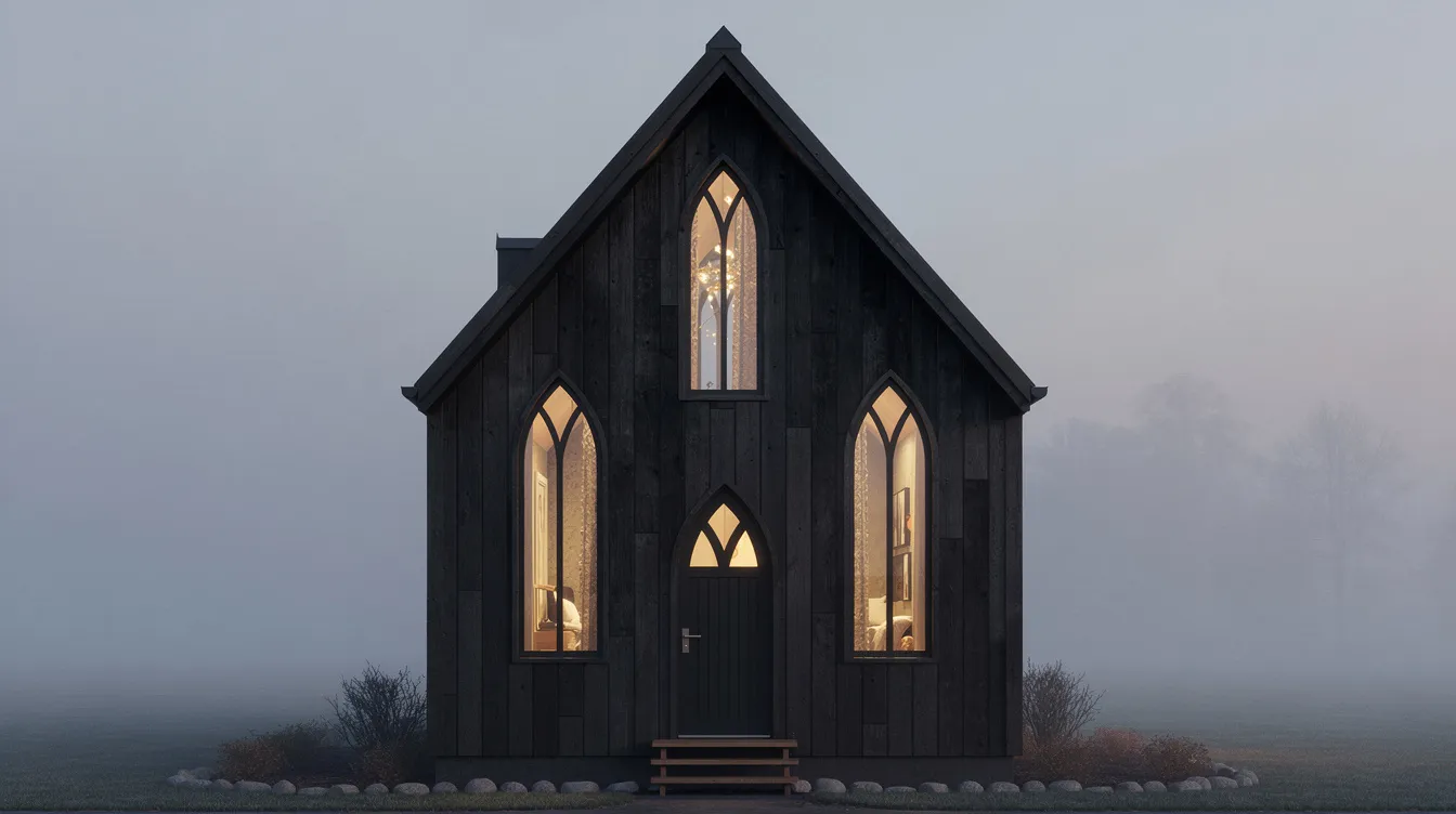 F2d06ca77f8a435c9cd371f8c80e4c22 The image shows a front elevation view of a gothic tiny home featuring a steep gable roof and dark cladding with warm light glowing through pointed windows This charming tiny house embodies inspiration from gothic architecture creating a cozy and inviting space