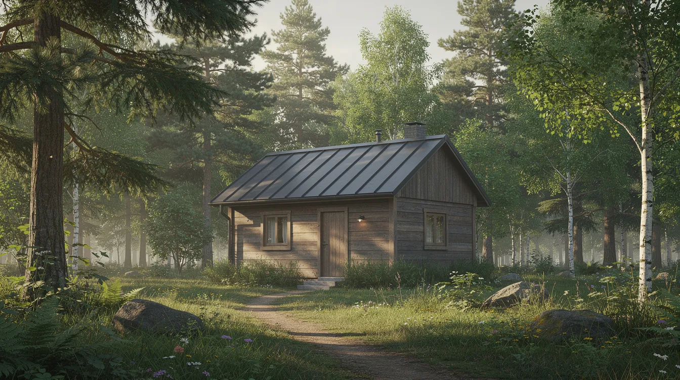 F2dbe6e5229c437a8ccee99f486c38d1 A small wooden cabin with a metal roof is situated in a serene forested clearing embodying the essence of tiny house living This compact home offers a peaceful escape into nature featuring clean lines and a cozy design perfect for a vacation home or guest house