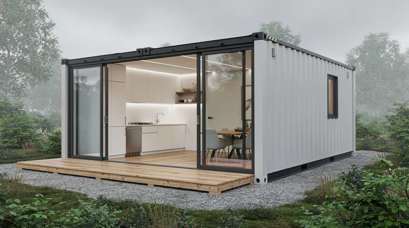 F4285abe4d2443a2a54350825a0211b6 This image depicts a modern minimalist tiny house constructed from two shipping containers featuring an open plan layout that includes a small efficient kitchen area The design emphasizes sustainability through the use of reused materials and is suited for living in humid climates showcasing the potential of container construction in Brazil