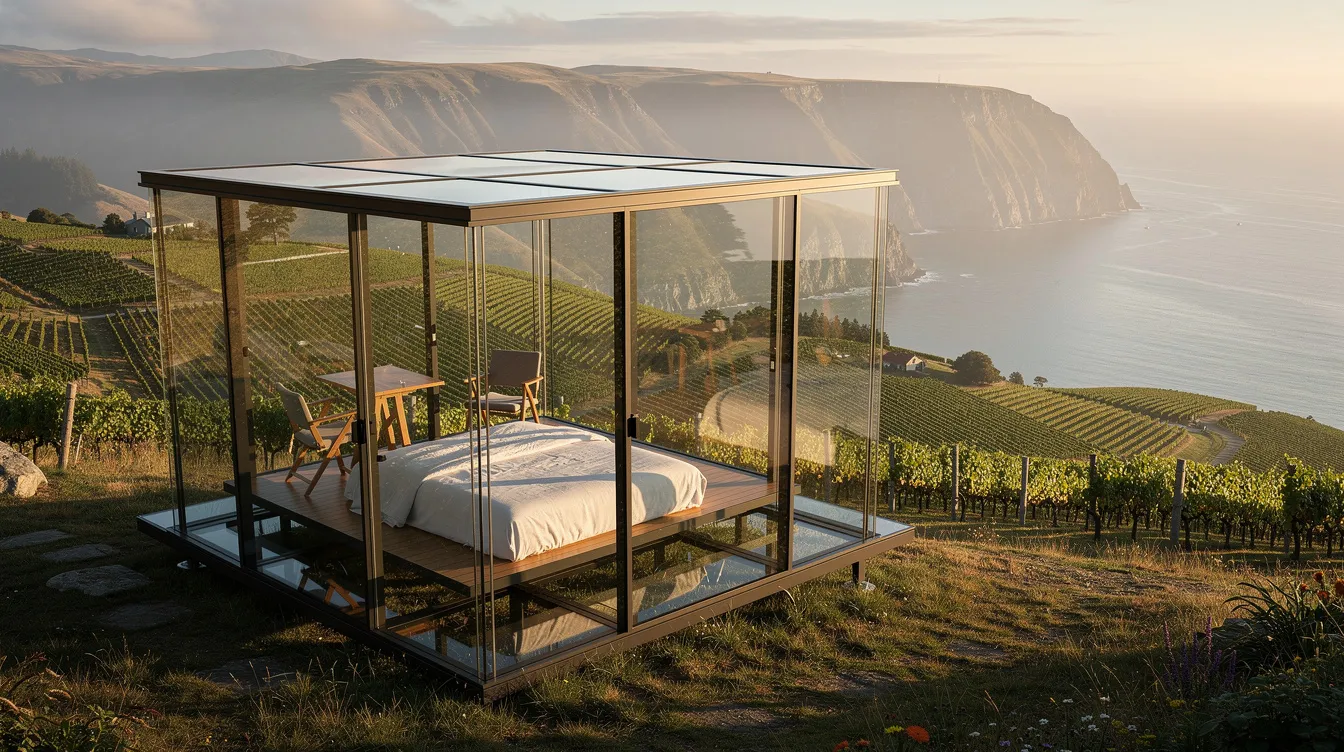 F48998b50e2041a5bf3eadec16cebe41 The image features a luxurious all glass tiny house pod designed for guests to enjoy amazing views of the surrounding landscape With floor to ceiling transparency and a compact space it offers a unique experience of nature while providing privacy in isolated locations like vineyards or coastal cliffs