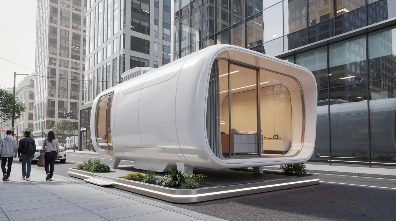 F579dc0111c344beb4eeaa6bfb218d55 A futuristic white pod shaped tiny home is nestled in an urban setting featuring expansive windows that fill the living space with natural light This cozy tiny house boasts a unique floor plan complete with a sleeping loft built in furniture and double doors that open to a charming breakfast nook