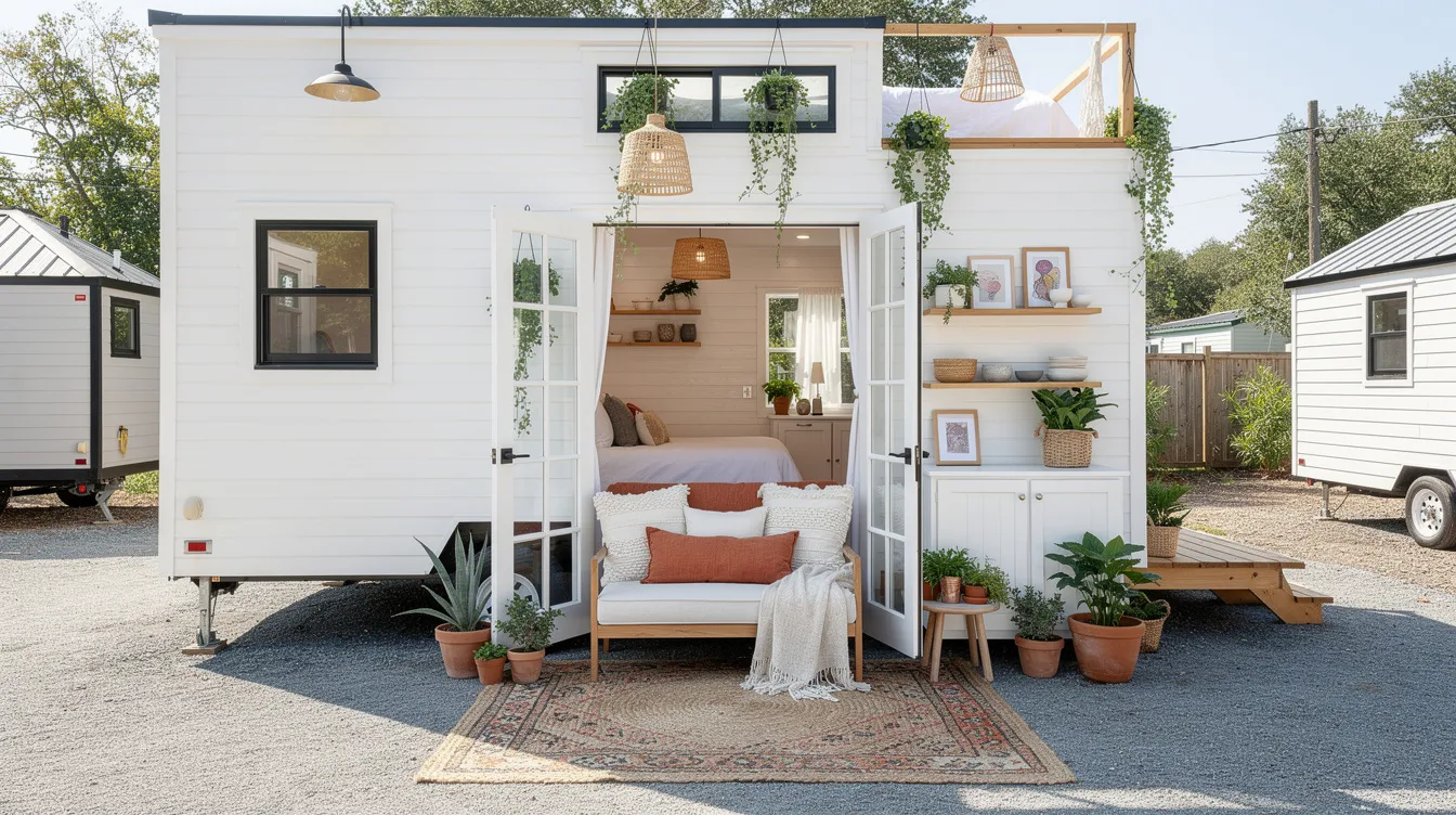 F5fee6546b204fe3ae355a1c507c0de8 The image shows a charming white boho tiny house on wheels featuring soft white interiors that create a bright and inviting atmosphere The cozy space includes layered textiles hanging plants and open shelving making it a perfect rental option for guests seeking a personalized tiny home experience