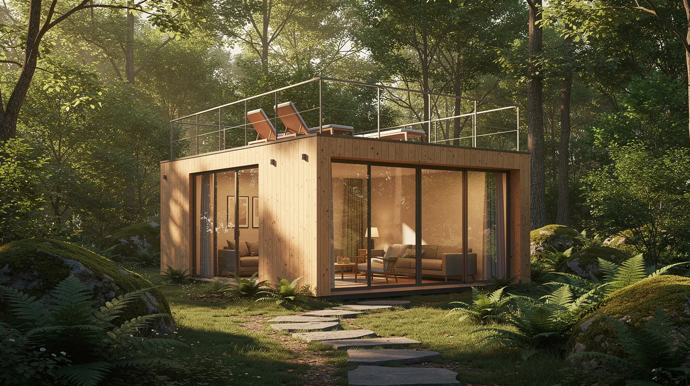 F66c0a1a709b4687a27b1f1e9968ac2c A tiny wooden house with large glass walls and a roof terrace is nestled in a lush forest creating a cozy vacation home that blends seamlessly with nature The light filled living space features premium materials and offers a stunning view of the surrounding greenery making it an ideal retreat for homeowners seeking style inspiration in small spaces