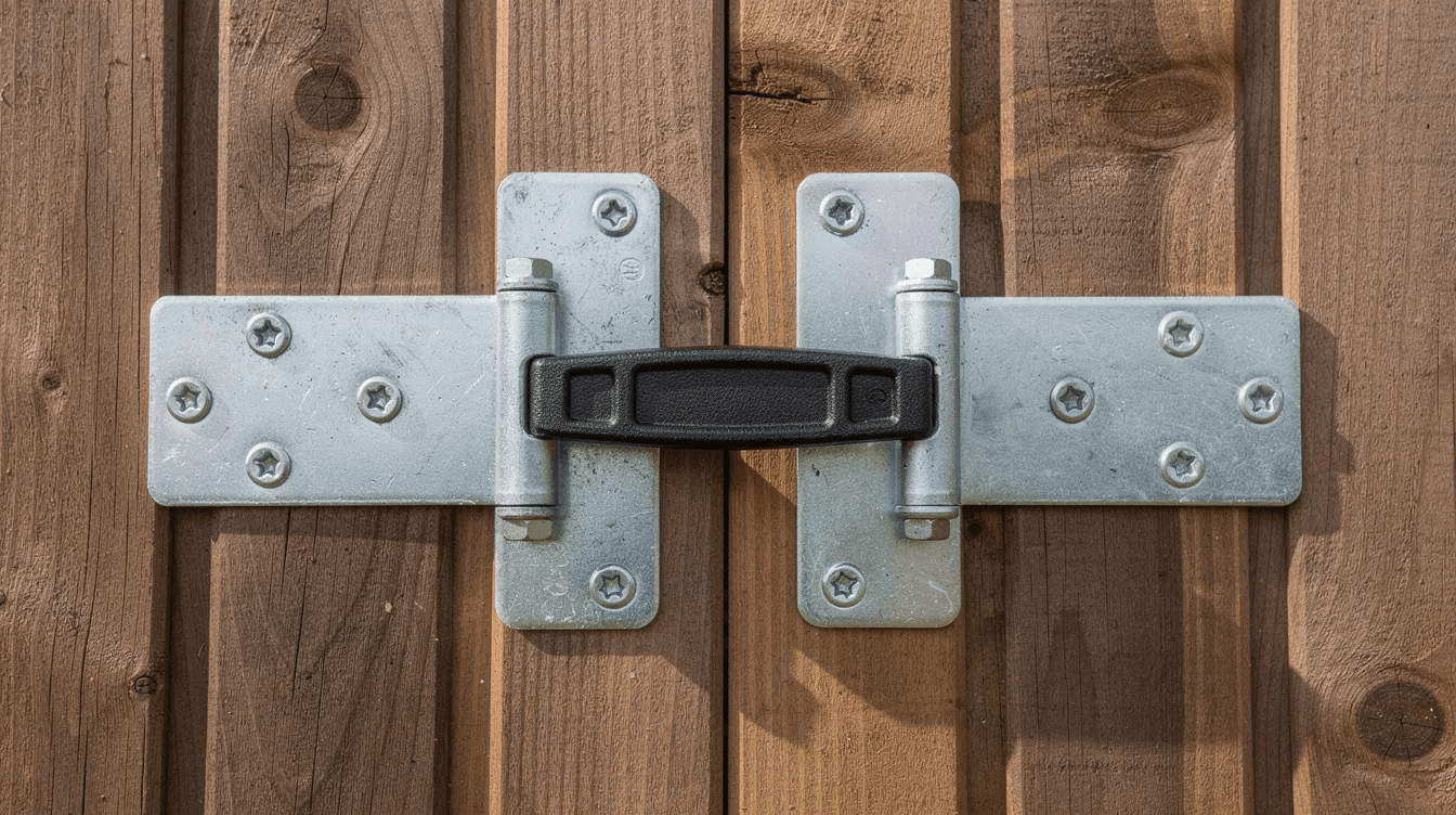 F8df5d0f10e443d5800c4778c1119f19 This image features a close up view of heavy duty door hinges and a handle showcasing the robust hardware typically used for Tuff Shed products specifically from the Sundance series The detailed craftsmanship emphasizes durability making it ideal for storage solutions in sheds