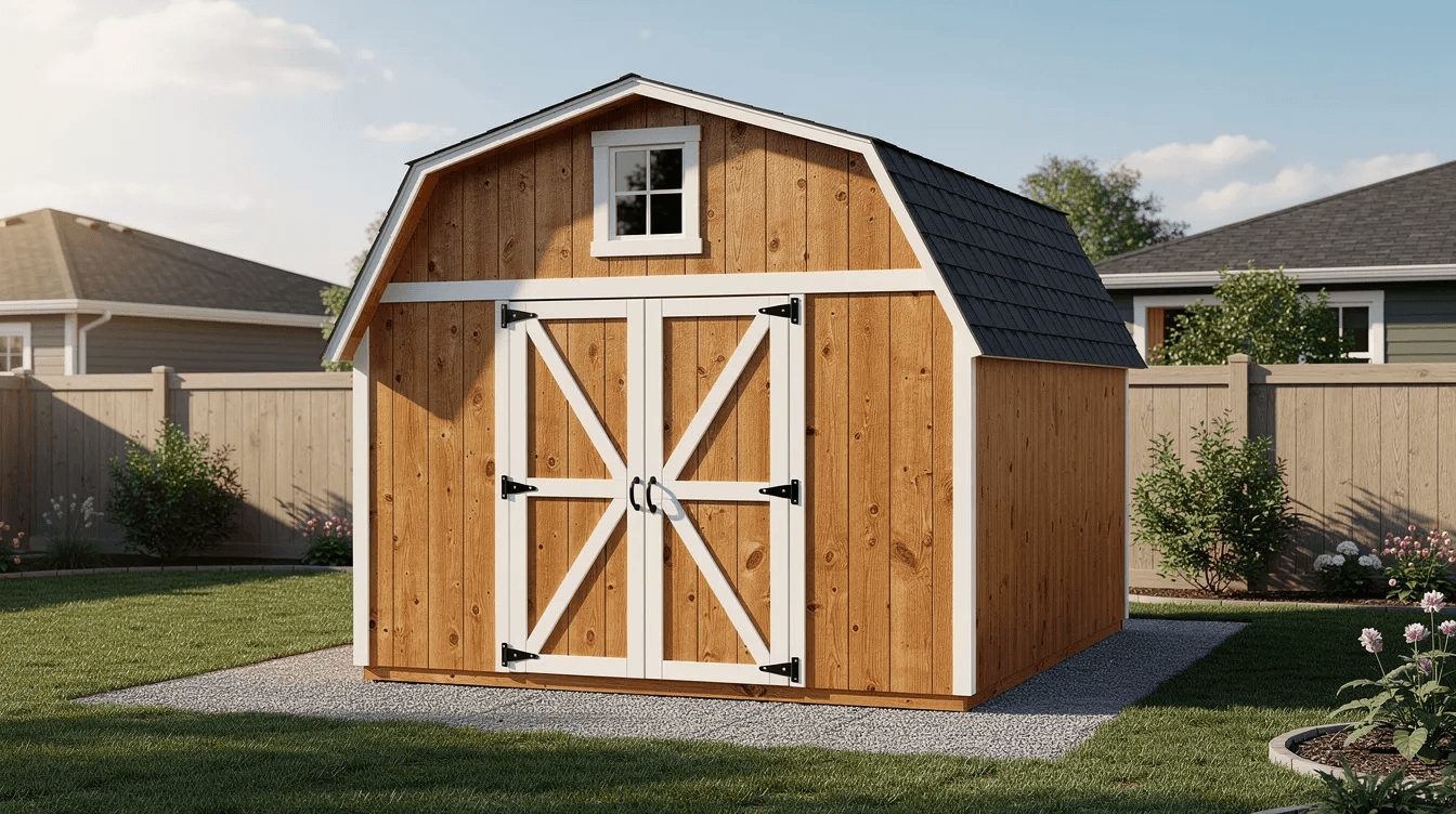 F99385813c344eb69816958e69dedba0 The image depicts a barn style wooden shed with double doors set in a suburban backyard showcasing the Tuff Shed Sundance Series design This professionally installed storage solution offers a rustic charm and ample space for garden tools and equipment