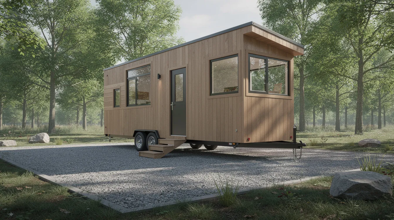 Fa238a0ac7f1486abeaa8e23262613bb A tiny house on wheels is parked on a gravel pad surrounded by trees in the background representing the essence of tiny living This compact dwelling often part of the tiny house movement highlights the growing trend towards minimalistic lifestyles and efficient use of space