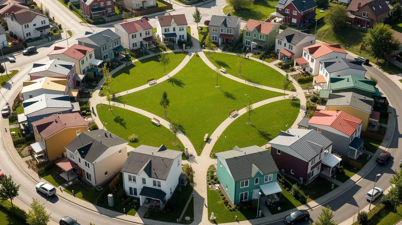 Fb1e630a7e504539818868466e3ea955 An aerial view showcases a tiny home community in McKinney Texas featuring small clustered homes arranged around a central green lawn with inviting walking paths This layout promotes a sense of community and comfort for residents creating an affordable living space amidst the housing crisis