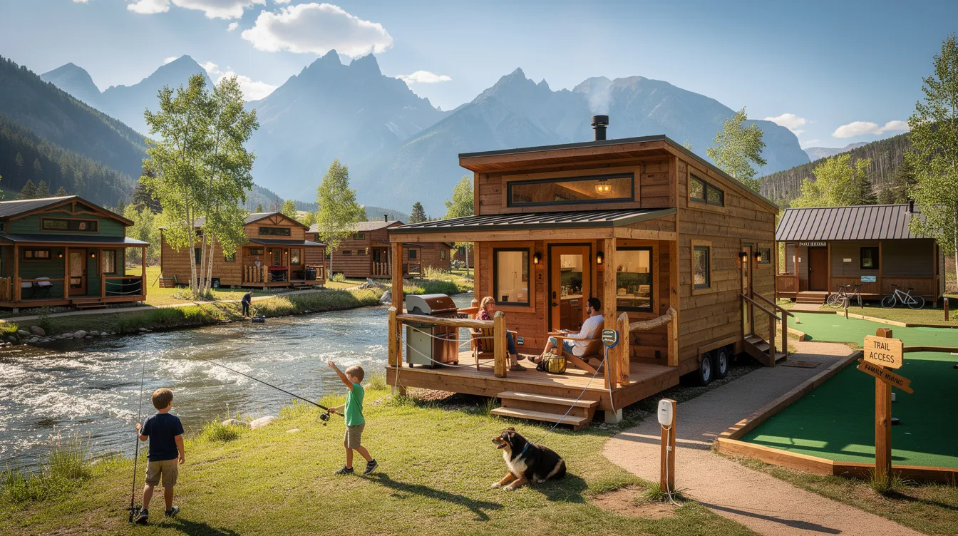 Fb32f7c7df8d46f19033598302835702 A family enjoys their vacation in a cozy tiny home rental near Rocky Mountain National Park surrounded by beautiful mountain views and nature The cabin features modern amenities a private deck and easy access to outdoor adventures like hiking trails and fishing making it a perfect getaway for families and their pets