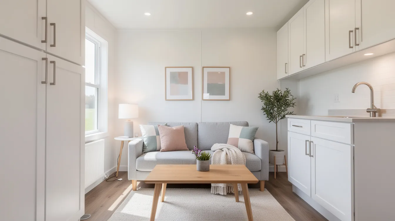 Fcfbe12cce264ed6a7f9173b447dec61 The image showcases a cozy white tiny home interior featuring bright walls and natural light that enhances the feeling of space The design includes a warm atmosphere with a smart floor plan making the small space feel open and inviting