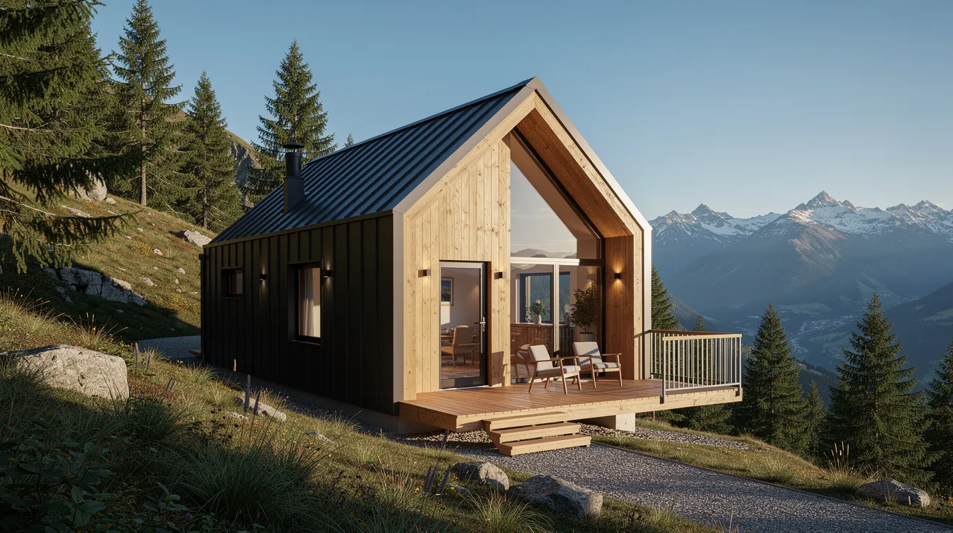 Fd57aa22405747d38de8e2875dc7c596 This image showcases a modern Alpine medium tiny house featuring a pleasing gabled style with floor to ceiling windows that flood the cozy living space with natural light Inside the design includes a lofted bonus room perfect for a queen sized bed a full kitchen with a gas stove and a full bathroom all embodying the distinctive style and clever design intricacies of tiny house living