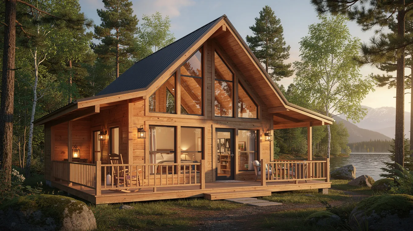 Fea9972fea9e4bb2baa55040848c306d The image depicts a charming 1000 square feet log cabin nestled in a serene natural setting designed for cozy retreats and family vacations Featuring a covered porch that extends the living space outdoors the cabin showcases an open floor plan with cathedral ceilings perfect for accommodating 4 6 guests in various bedroom configurations