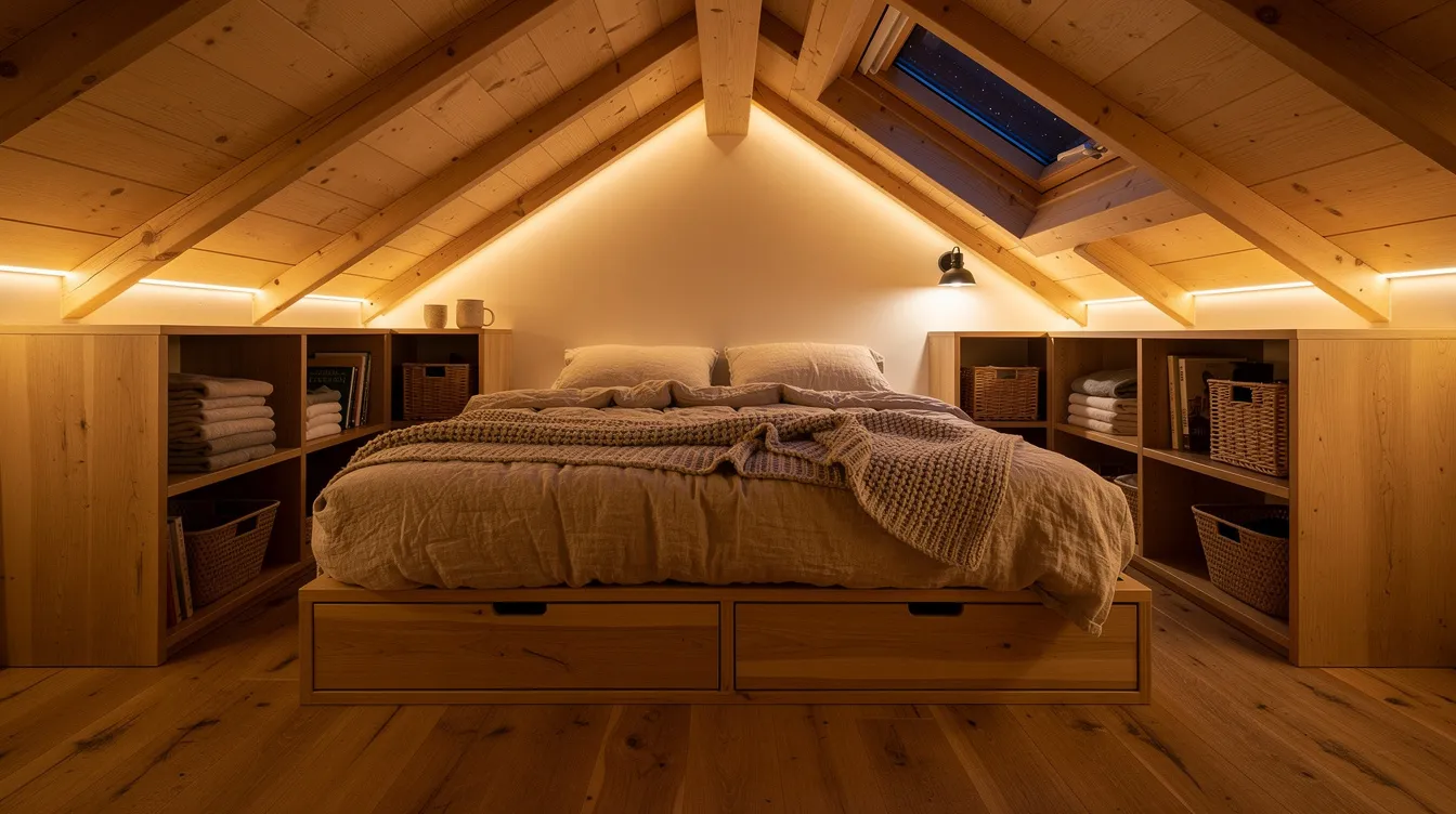 Ff9b32f251e046e280c7d715af0bad10 The image features a cozy loft bedroom in a tiny house illuminated by warm lighting showcasing built in storage solutions that maximize space The design emphasizes comfort and functionality reflecting the essence of tiny living with a clutter free environment