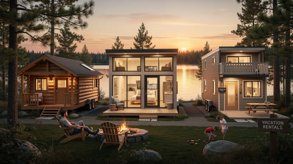 Image The image showcases a collection of stylish tiny homes designed for vacation rentals featuring a mix of rustic log cabin aesthetics and modern layouts Each tiny home is equipped with quality craftsmanship and amenities making them perfect for guests seeking unique vacation getaways or cozy retreats