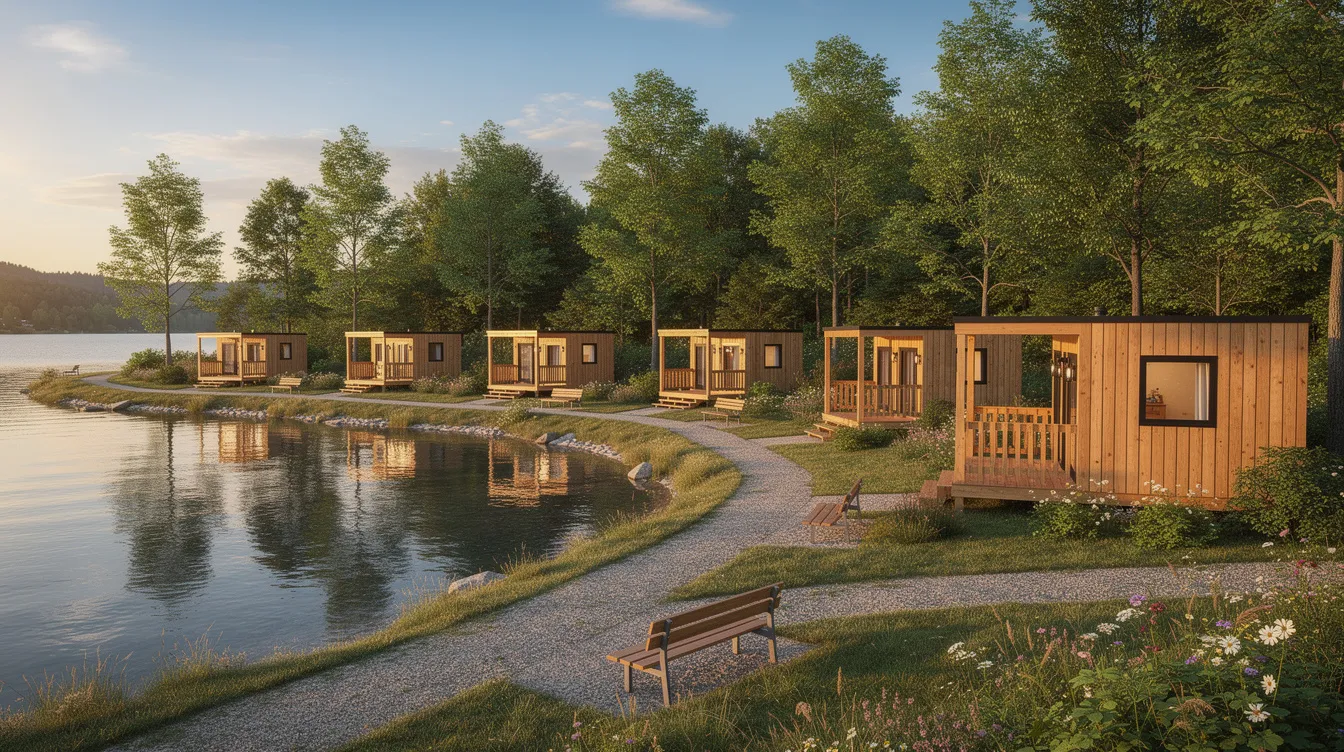 00477bf6853c43cd953d7ba30fc6ee9a The image depicts a serene scene of small wooden tiny homes arranged in a charming layout near a peaceful lake surrounded by trees and walking paths This setting represents a modern tiny living community showcasing the beauty of tiny house living in Ohio with access to green spaces and community gardens for residents