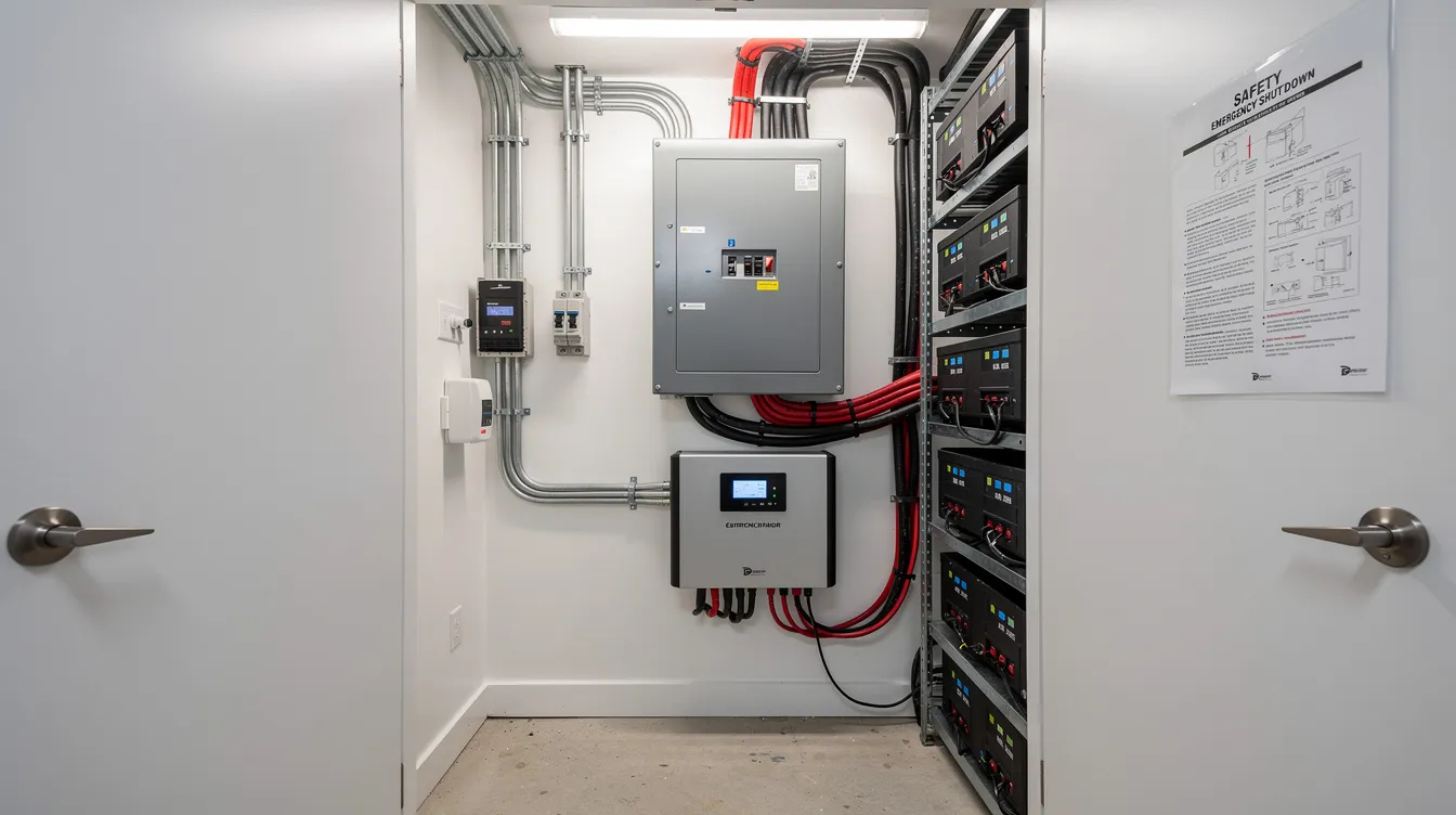 02af03675c534c42997ededd4871df2f The image depicts an interior utility closet featuring a battery bank setup along with various electrical components essential for an off grid solar system Visible elements include a solar charge controller circuit breakers and wiring all organized to support efficient energy storage and backup power for a tiny house or off grid living