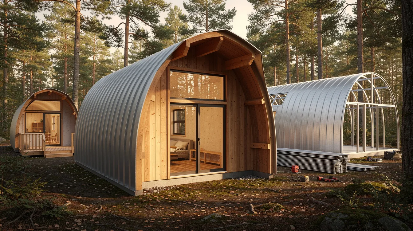 02da582627e74c5ca766f77775ad8d4a The image depicts a cozy cabin style prefab tiny home featuring rustic wood sidings and oversized windows that invite natural light inside This affordable prefab home kit showcases a unique arched design blending aesthetic appeal with practical durability making it an ideal choice for those seeking a modern yet charming living space