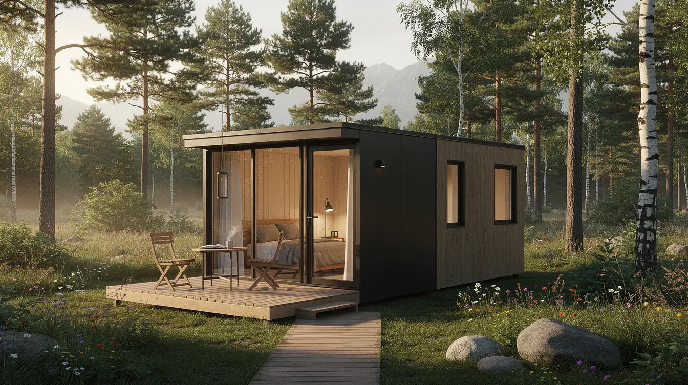 039d7eea51ce4efba7e8872b3befe8ca The image depicts a cozy tiny house nestled in a natural setting showcasing its compact design and efficient use of space This tiny home represents an affordable alternative to traditional mortgages appealing to those exploring tiny house loans and flexible financing options