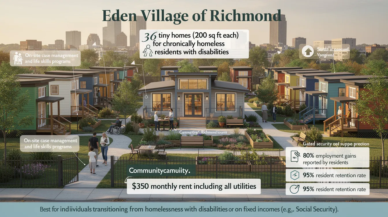 04524c0c6e294dcea7e1a9a856ed985f The image depicts Eden Village of Richmond a supportive housing development featuring 36 tiny homes each measuring 200 square feet designed for chronically homeless residents with disabilities The community emphasizes affordability and support with monthly rent around 0 including utilities and offers on site case management and green spaces for residents to enjoy