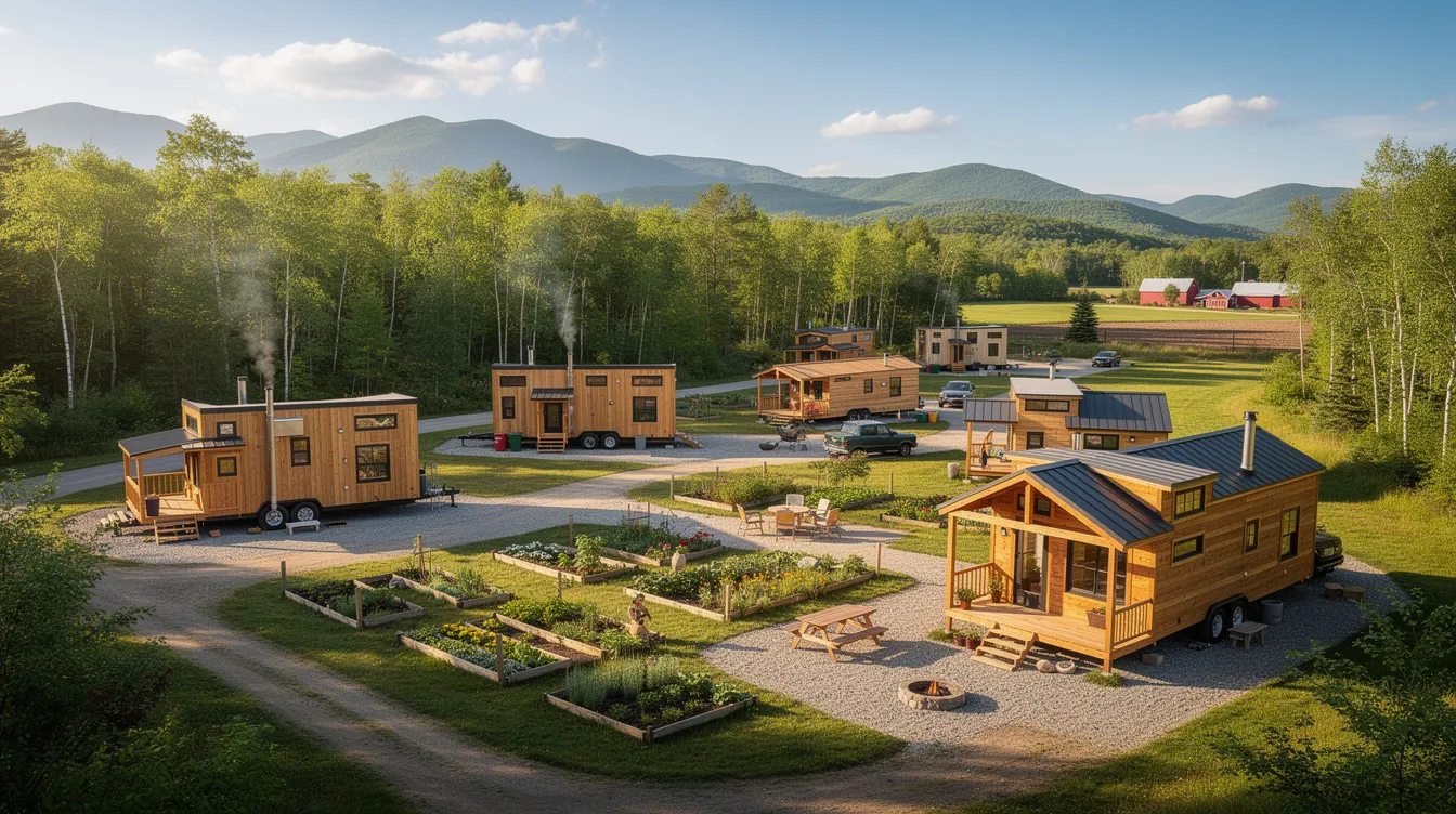 045d6b7264f748a1a63638478af6923b An inviting view of a tiny house community in Vermont showcases several charming tiny homes nestled among lush greenery emphasizing the concept of tiny living Each home features a private entrance and unique design elements reflecting a harmonious blend of nature and community living in this picturesque state
