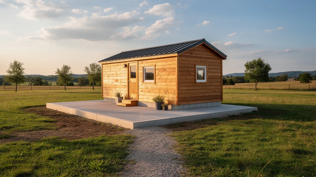 04887971382040faa9e85fc8951561f3 A small wooden tiny house is situated on a solid concrete slab foundation in a rural setting showcasing the simplicity and charm of the tiny house movement The structure is designed for efficient living emphasizing the importance of choosing the right foundation type for stability and support