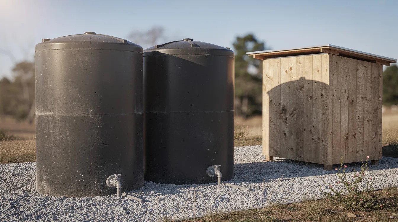 05ab6bd3aab143d3b71055c33d8b8e5c The image shows two large dark colored water storage tanks positioned on gravel next to a small wooden structure illustrating a rainwater harvesting system designed for a tiny house This setup is an efficient way to collect and store rainwater for various uses including irrigation and household needs