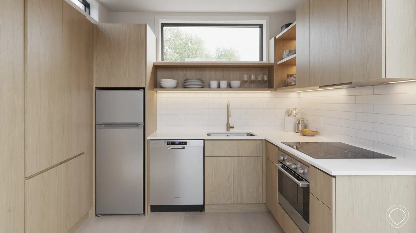 05e3c38be6cf42a2a10c62ad8a57aac0 The image depicts a compact modern tiny house kitchen featuring sleek wooden cabinets and stainless steel compact appliances highlighting the efficient use of space typical in tiny living This kitchen design exemplifies how tiny homeowners can create a functional and stylish area while keeping tiny house costs manageable