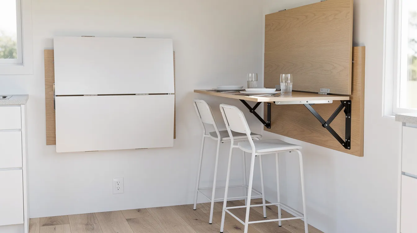 0616ff5bbcfe4c1b8c466b3671b17876 The image showcases a tiny house kitchen with innovative fold down countertops and wall mounted tables designed for efficient use of space These expandable surfaces provide additional workspace for meal prep or dining seamlessly disappearing against the wall when not in use perfect for maximizing limited wall space in small homes