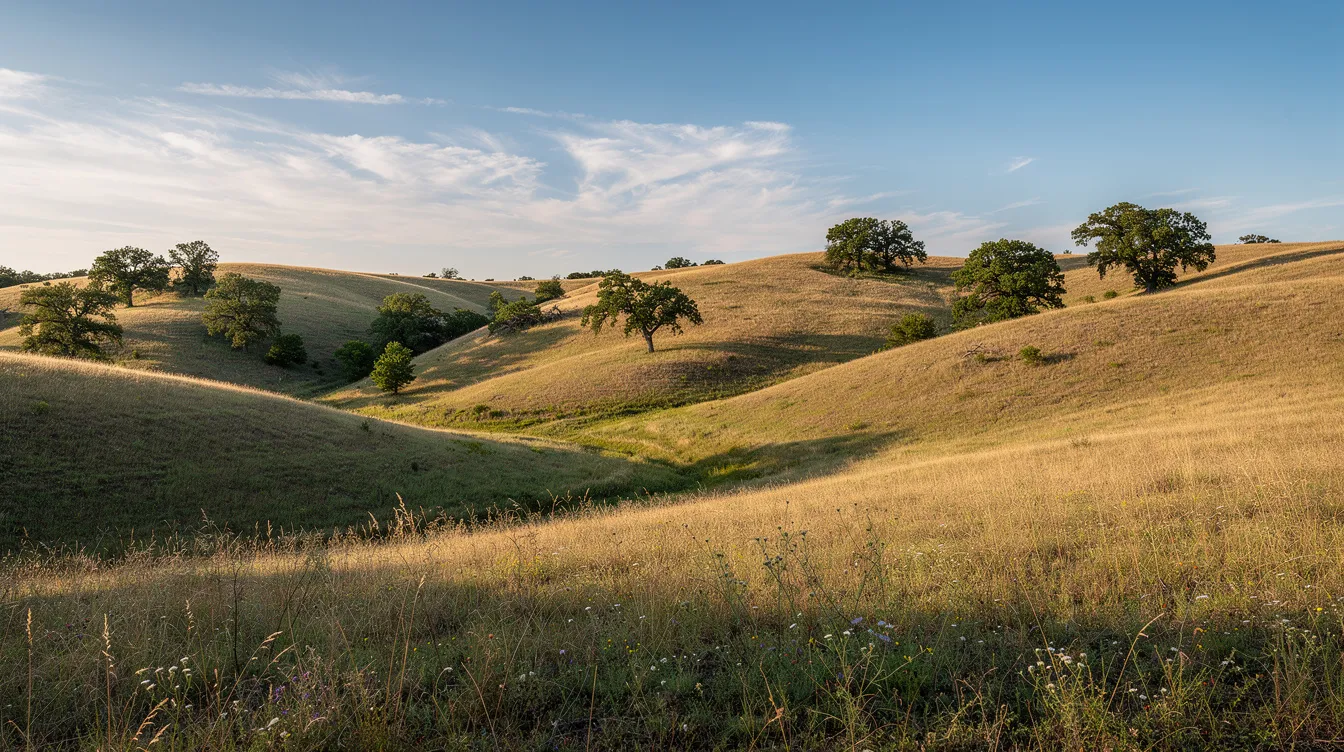 065fd5cc138a47a090736cc30b813a31 The image showcases the rolling hills of Oklahoma adorned with scattered trees beneath a clear blue sky evoking a sense of tranquility and natural beauty This picturesque landscape reflects the essence of tiny house communities in Oklahoma where residents can enjoy the serene outdoors while embracing tiny living