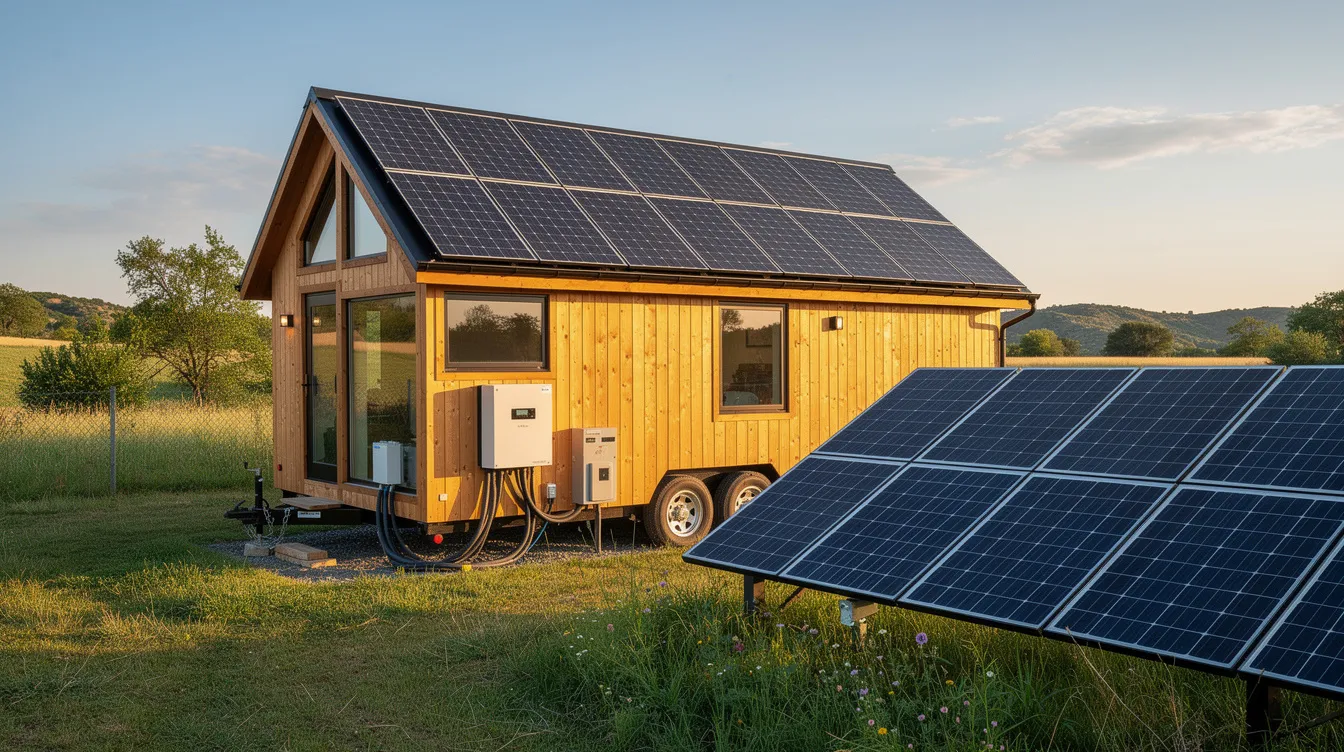 06a06bd96d3440ae8d20fce100506d1f The image depicts a tiny house solar setup showcasing a compact solar panel system installed on the roof of a miniature dwelling surrounded by a small garden This eco friendly setup highlights the innovative use of resources in tiny living perfect for those who love sustainable lifestyles
