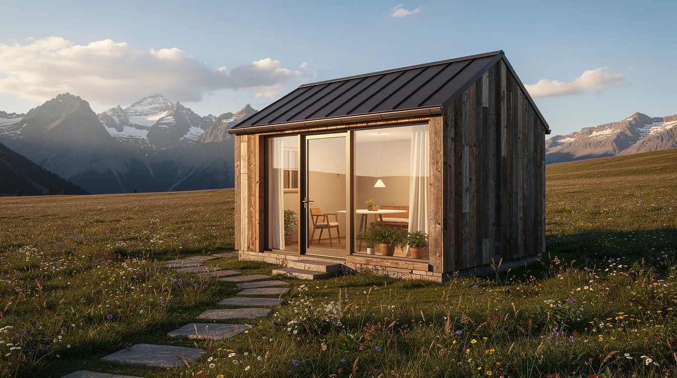 0700cf54353f4157a301594615131212 A rustic tiny cabin with large windows provides a stunning view of a mountain meadow showcasing the beauty of tiny house living in Wyoming This cozy living space emphasizes sustainable design and offers a comfortable retreat for residents in tiny home communities