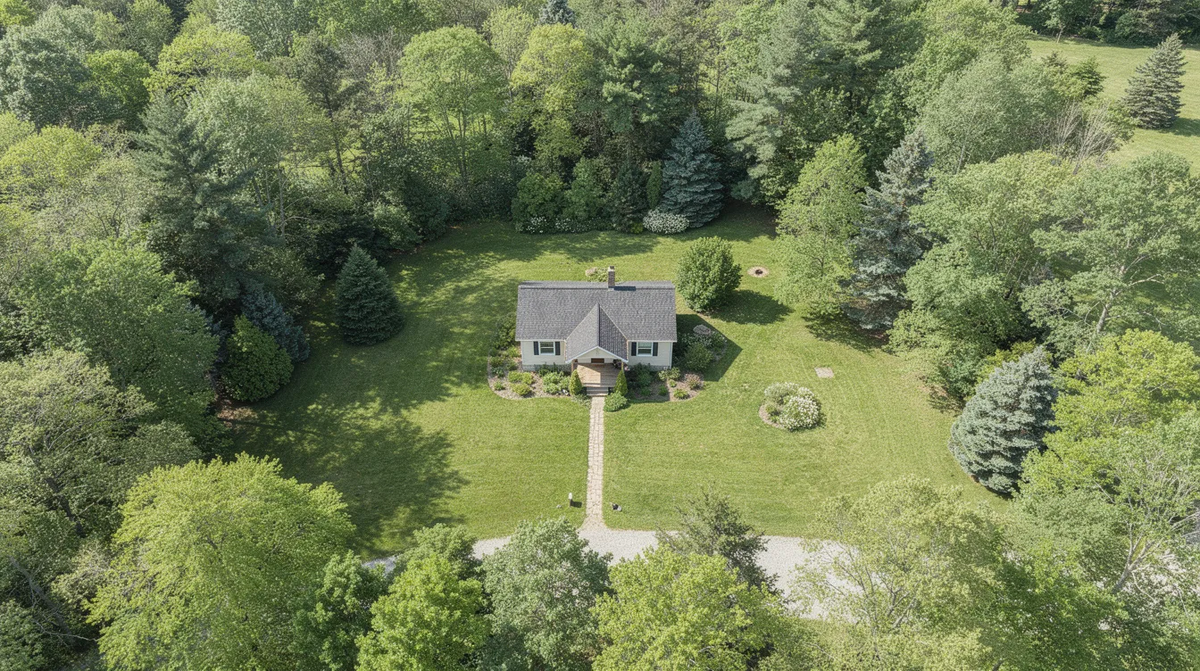 07ba2805973844f4a3e62b44c4388f50 An aerial view showcases a charming tiny house nestled on a grassy lot surrounded by lush trees emphasizing the appeal of tiny home living This picturesque scene highlights the potential for sustainable living and the advantages of the tiny house movement in a serene natural setting