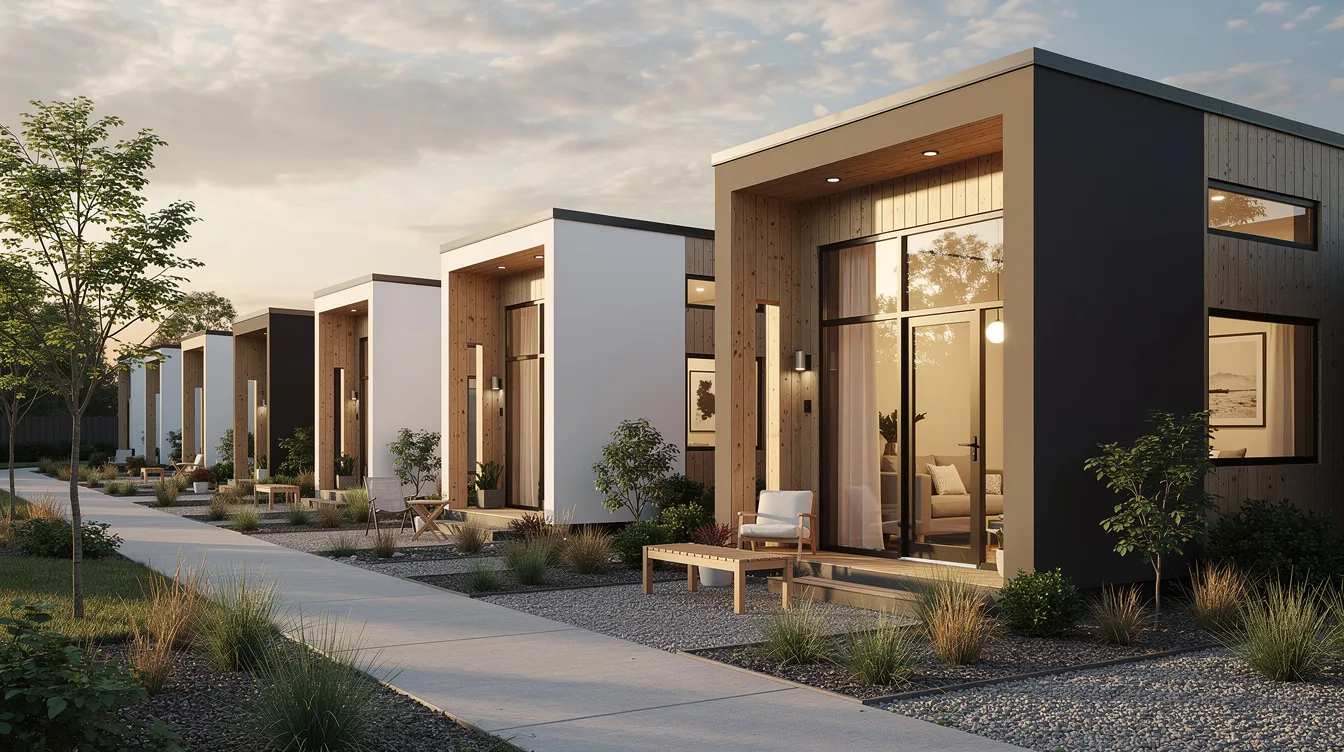 07f487b7db094804a3bbf6737265089e The image depicts a row of modern tiny homes featuring clean lines and minimalist design situated within a community setting in Arkansas These dwellings represent the concept of tiny house living offering an affordable and sustainable lifestyle for residents seeking a sense of community