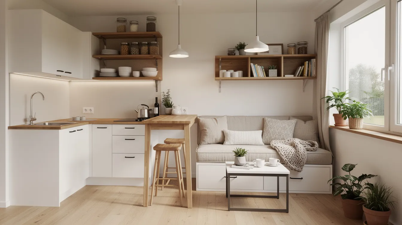 0886584b151e41a39da3a9c5060b6356 The image showcases the cozy interior of a tiny home featuring an efficient kitchen and a stylish living space designed for comfort in small spaces This ikea tiny house emphasizes a sustainable lifestyle with smart storage solutions and a warm inviting atmosphere
