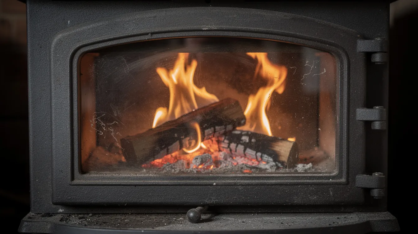 08e433f7cde34f54855f8c18c681f3ce A close up view of a wood stove's glass door reveals vibrant flames dancing inside the small firebox, showcasing the efficient heating capabilities of this cozy, tiny wood stove. The warm glow of the fire symbolizes reliable heat for tiny homes and small spaces during cold winter nights.