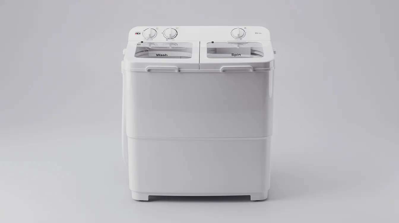 090ee5b577cf449f92c6d6214cca7d57 The image features a white twin tub portable washing machine with two separate compartments designed for compact living spaces like tiny houses and small apartments This automatic washing machine allows for efficient washing and drying of clothes making it a practical laundry alternative for those with limited space